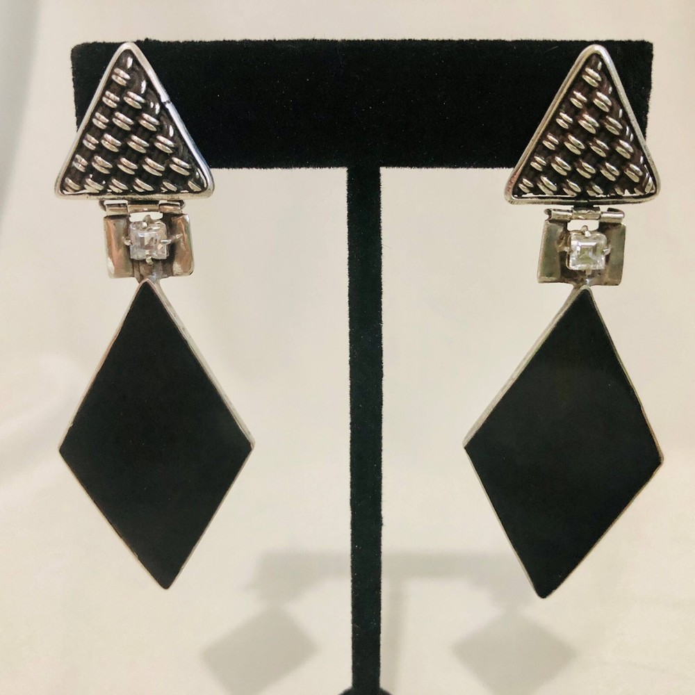 Modernist Deco Style 925 Sterling Silver Earrings ~ Onyx
