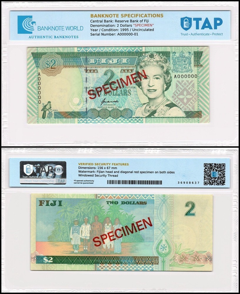 Fiji 2 Dollars, 1995, P-96s, UNC, Specimen, TAP Authenticated