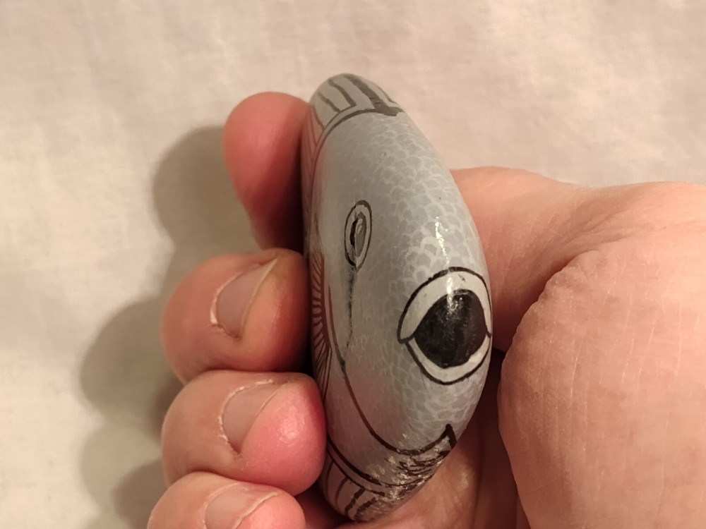 Hand Painted Stone Rock Gray Fish Signed