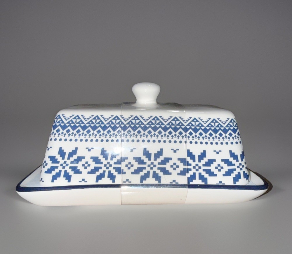 Snowflake Butter Dish Fair Isle Sweater Pattern Retro Style Winter Ceramic