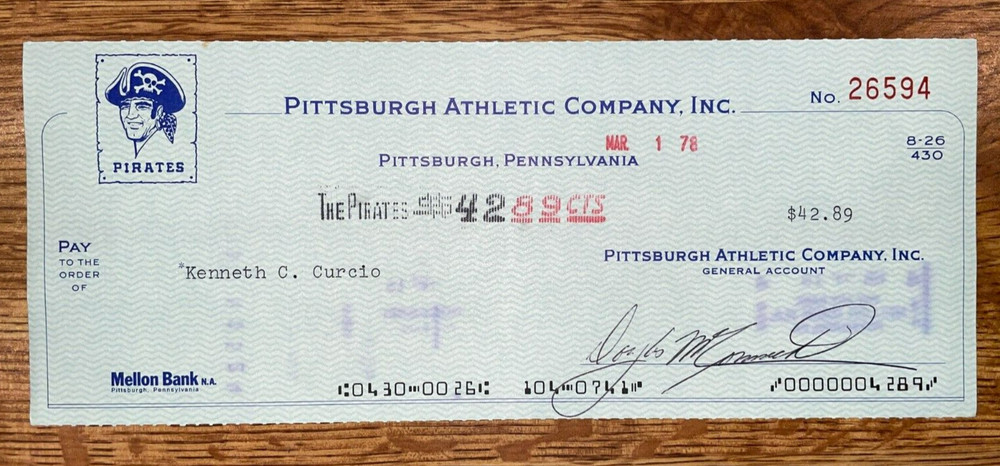 1978 Pittsburgh Pirates: Expense Check: Kenneth Curcio
