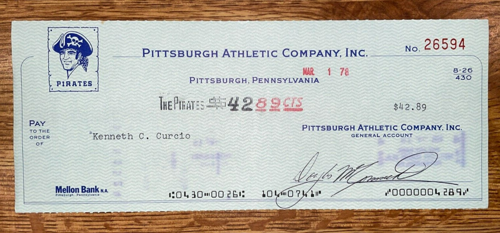 1978 Pittsburgh Pirates: Expense Check: Kenneth Curcio