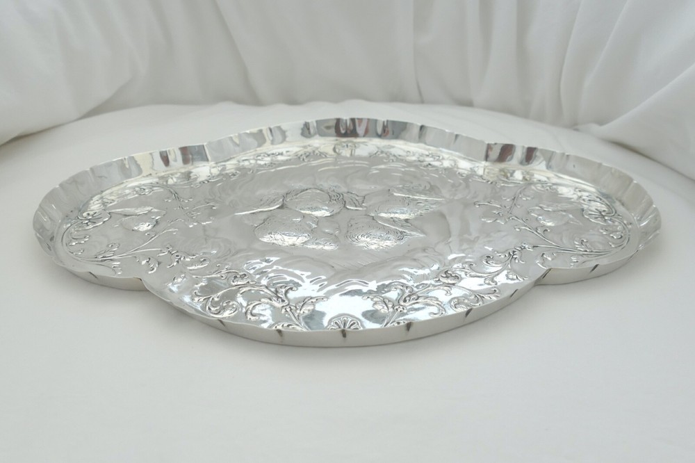 RARE VICTORIAN HM STERLING SILVER WINGED CHERUB DRESSING TABLE TRAY 1898