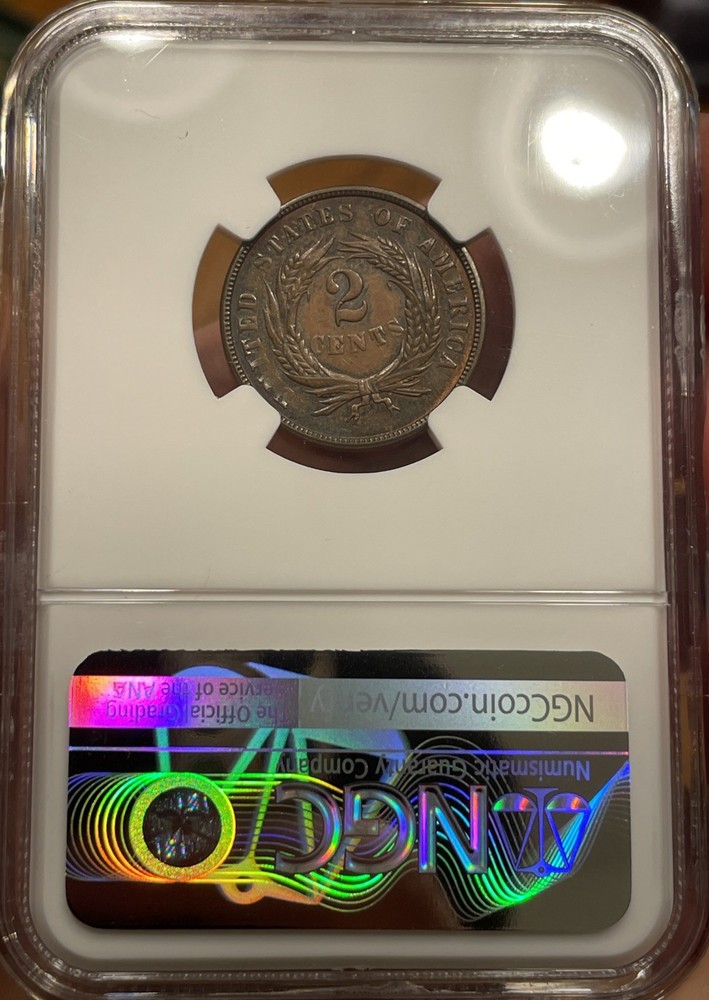1864 Two Cent Piece 2c NGC AU58 BN Mechanical Error On Label