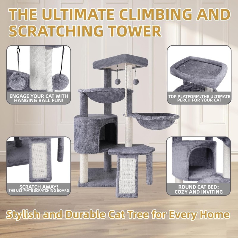 Xin Three Layer Cat Tree with Condo and Two Hammocks,Grey