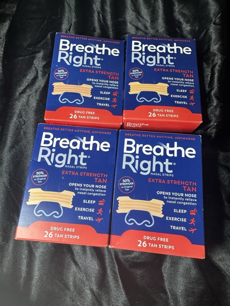 4 BOXES - Breathe Right Extra Strength 26 Strips Tan (Exp 9/2029)