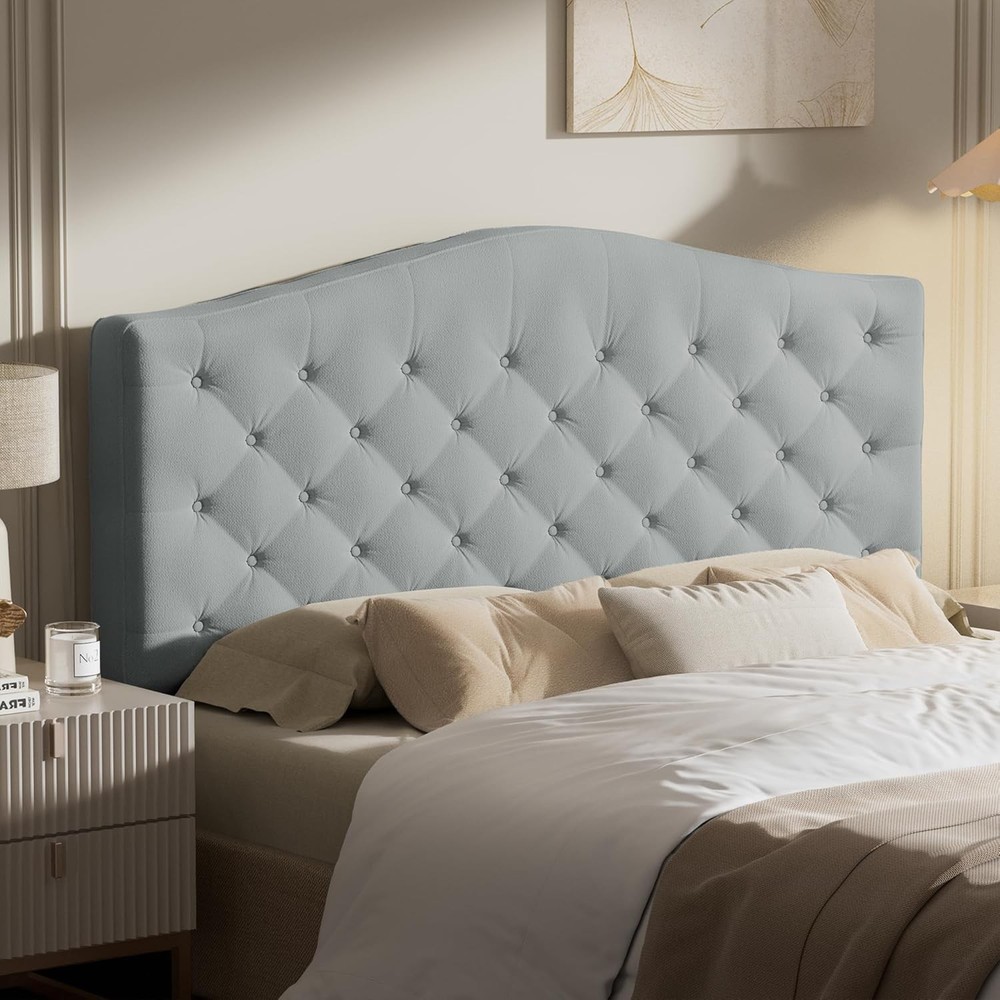 Modern Grey King Size Upholstered Headboard, Button-Tufted Design