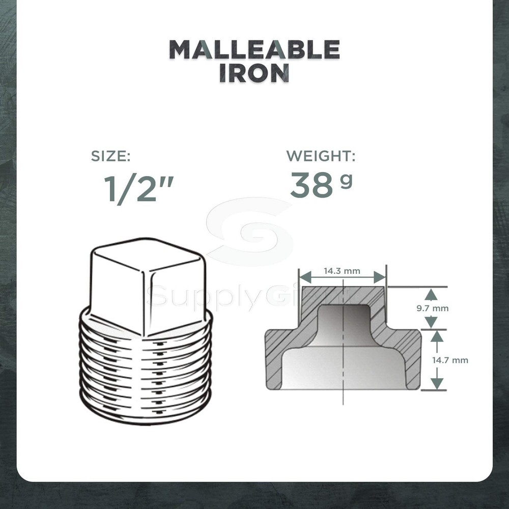 1/2" MIP Galvanized Malleable Iron Plug with Square Head