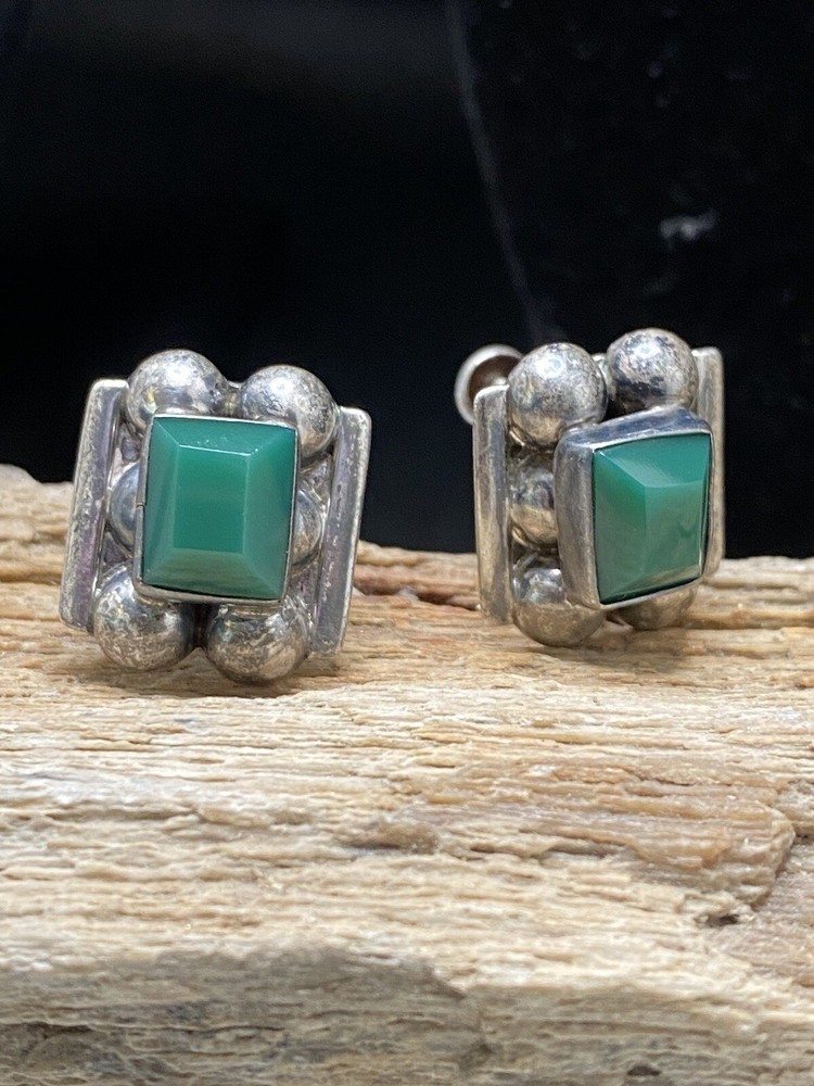 925 Mexico Silver Green Stone Earrings