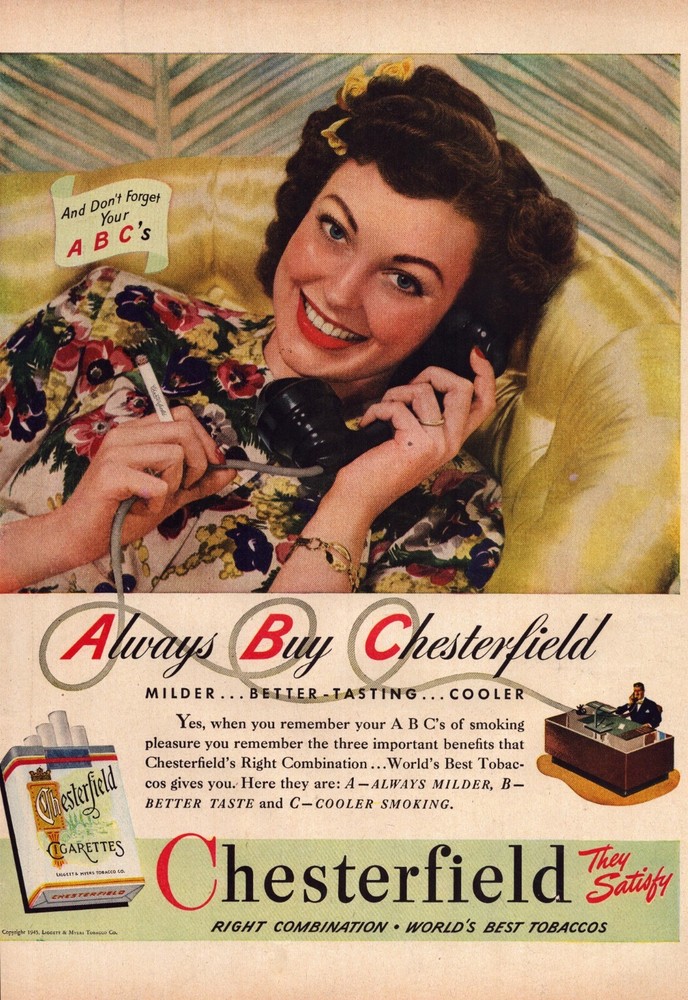1945 Chesterfield Cigarettes Print Ad Don't Forget Your ABC's