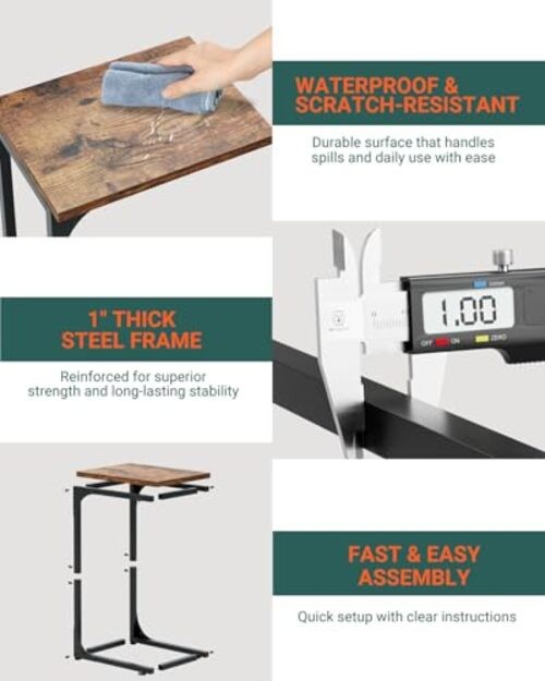 C-Shaped Side Table for Couch - Small 1-Pack Rustic Brown Without Power Outlets