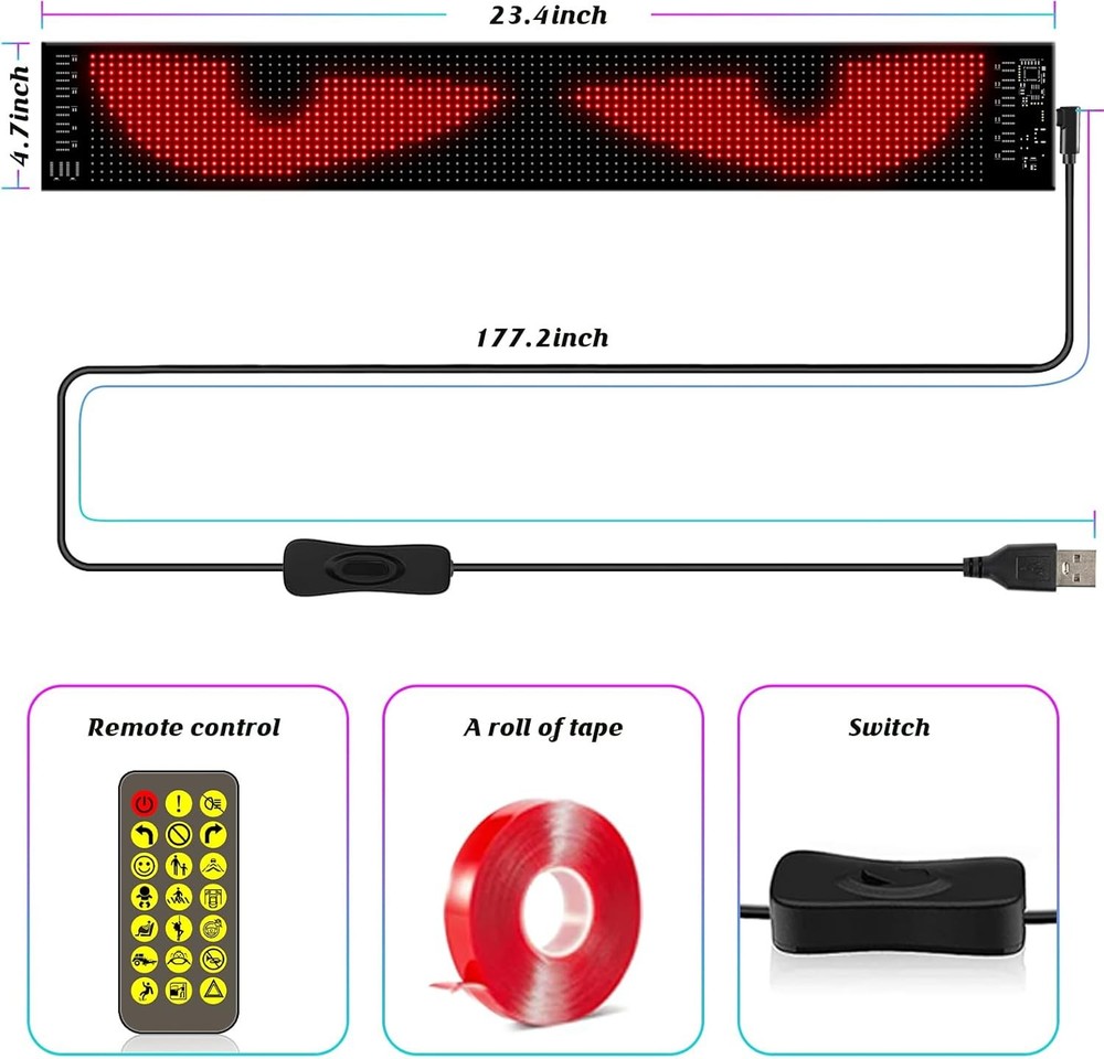 23.42"X4.72" Programmable Eyes LED Windshield Display Remote/App Control, Custom