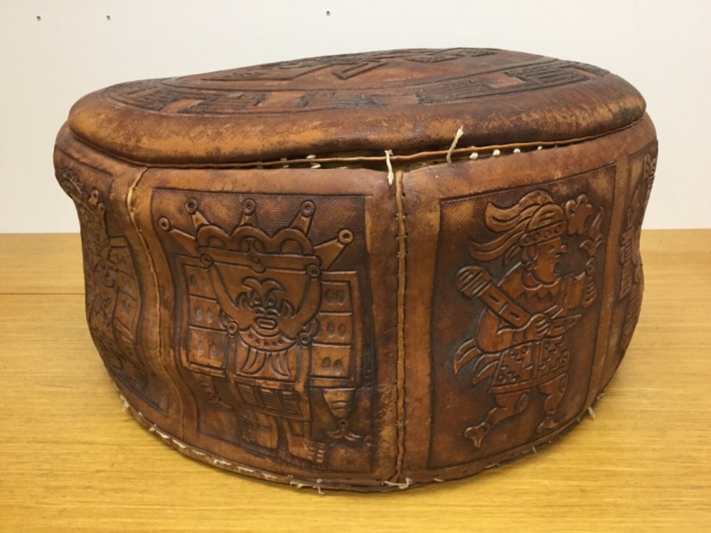 VIntage PERUVIAN Leather Round 21” Dia. Footstool w/Handle