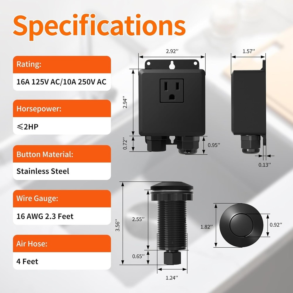 Listed Waterproof Garbage Disposal Air Switch Kit - Matte Black, Easy Install