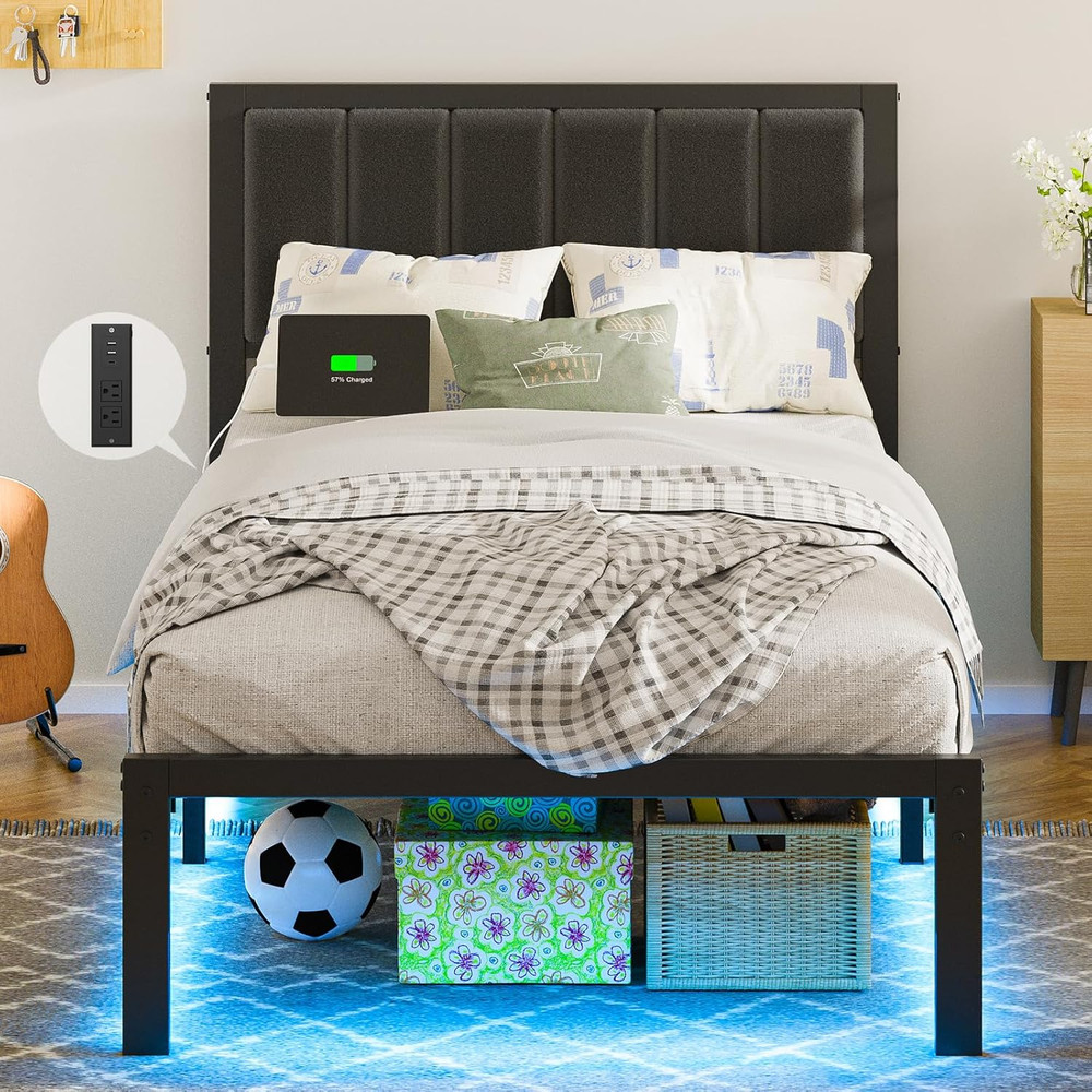Twin Bed Frame with Headboard Metal Platform Bed Twin Size with USB Charging Sta