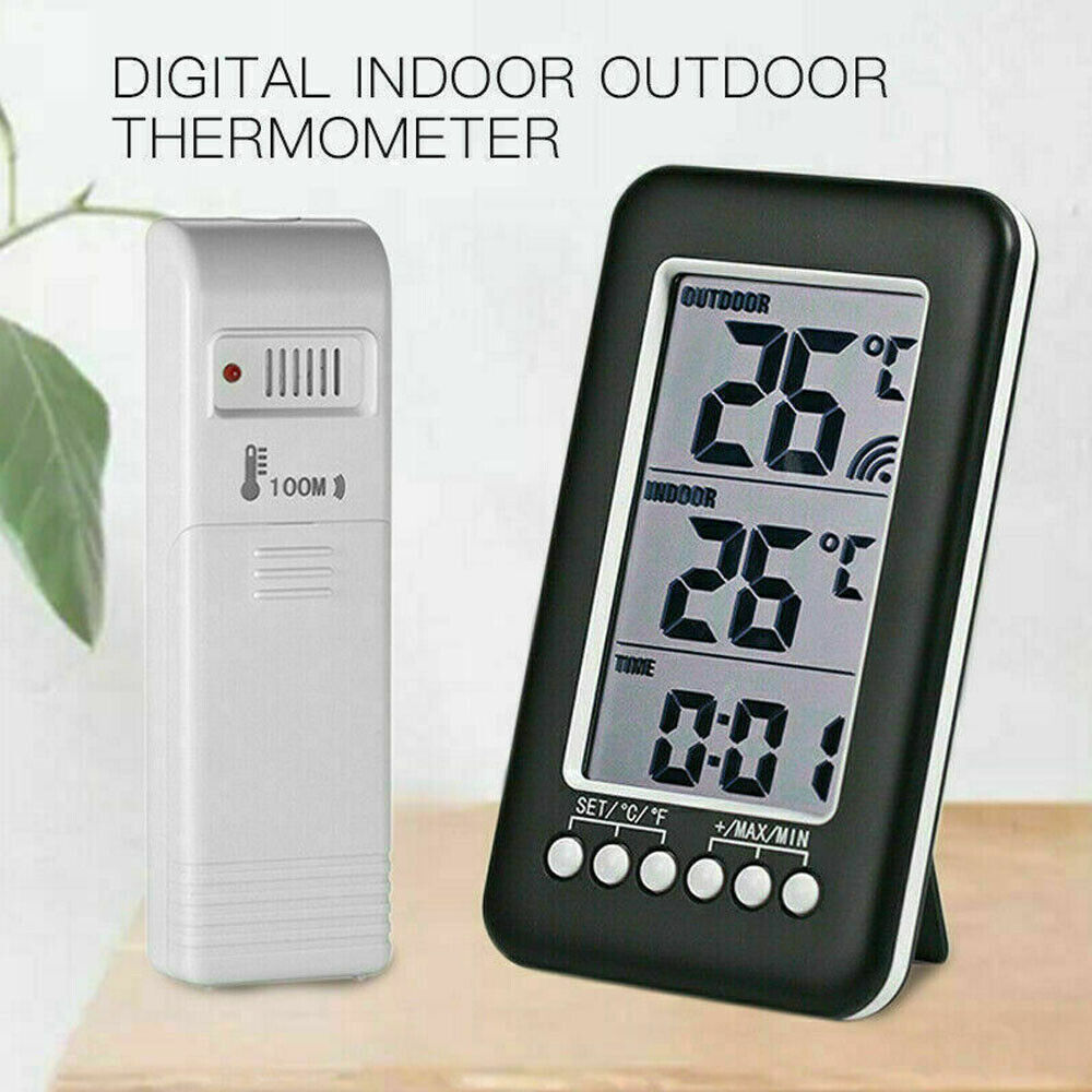 Digital Thermometer Clock Indoor/Outdoor Wireless Temperature Meter Transmitter