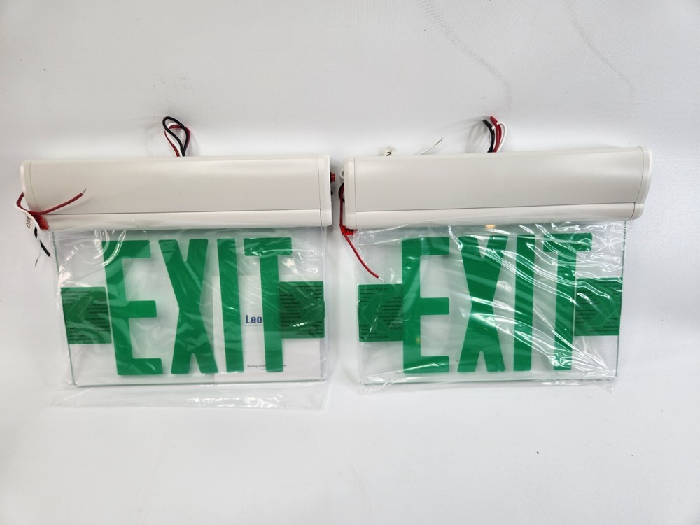 4 Pack Green Exit Signs Leonlite Hardwired LED Lit w/ Battery Backup 2 sided New