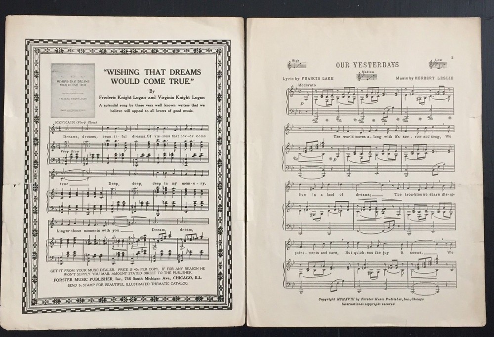 WWl 1918 Sheet Music "Our Yesterdays"