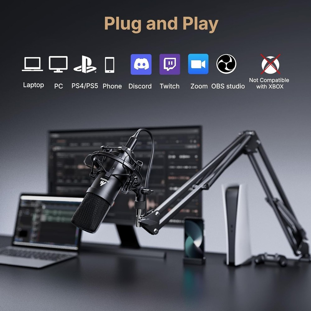 USB Microphone, 192KHZ/24Bit Plug & Play PC Computer Podcast Condenser Cardio...