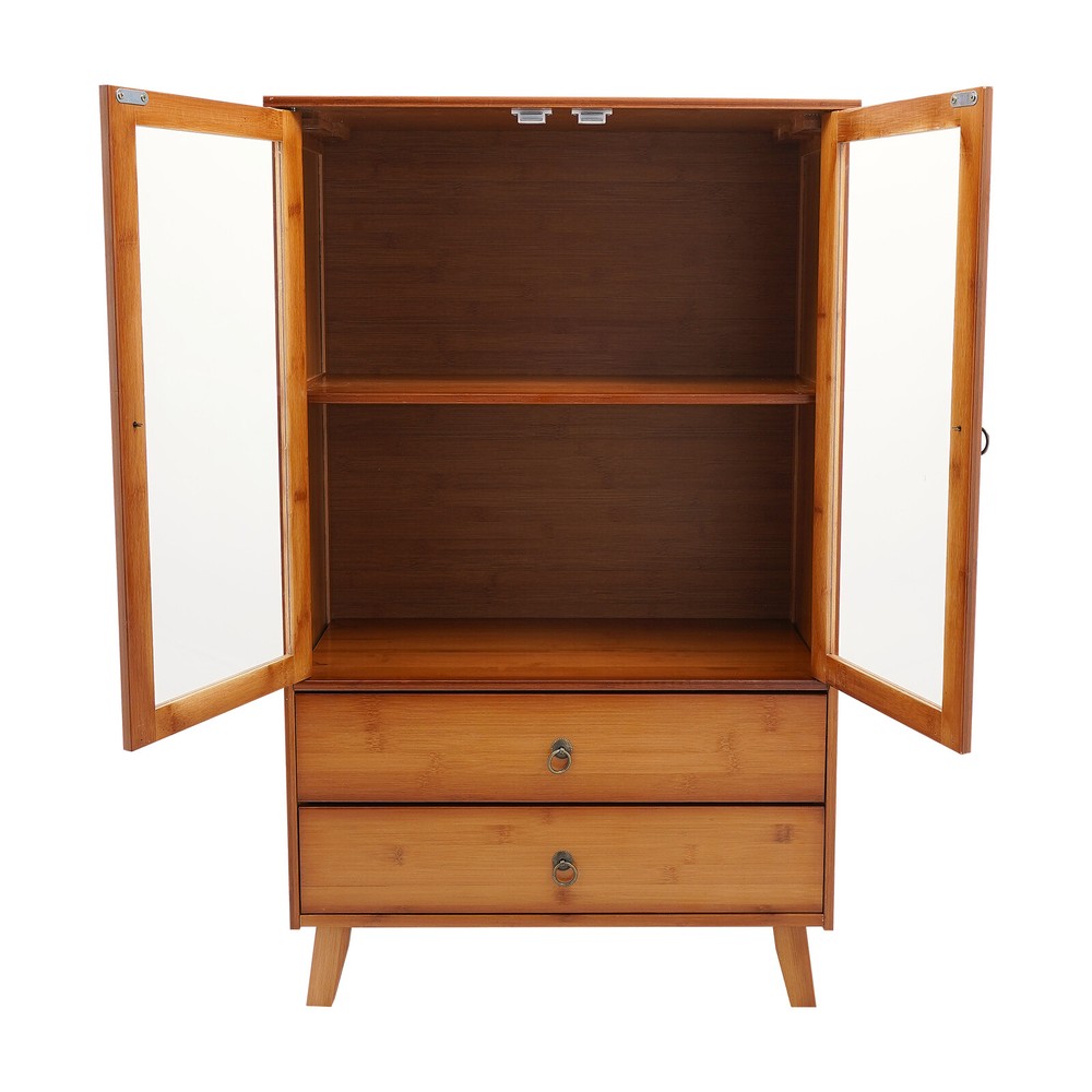 2-Compartments Bamboo Kitchen Sideboard Storage Organizer Cupboard Freestanding