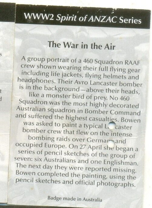 Stella Bowen, Bomber Crew, 1944 Pin backing information sheet