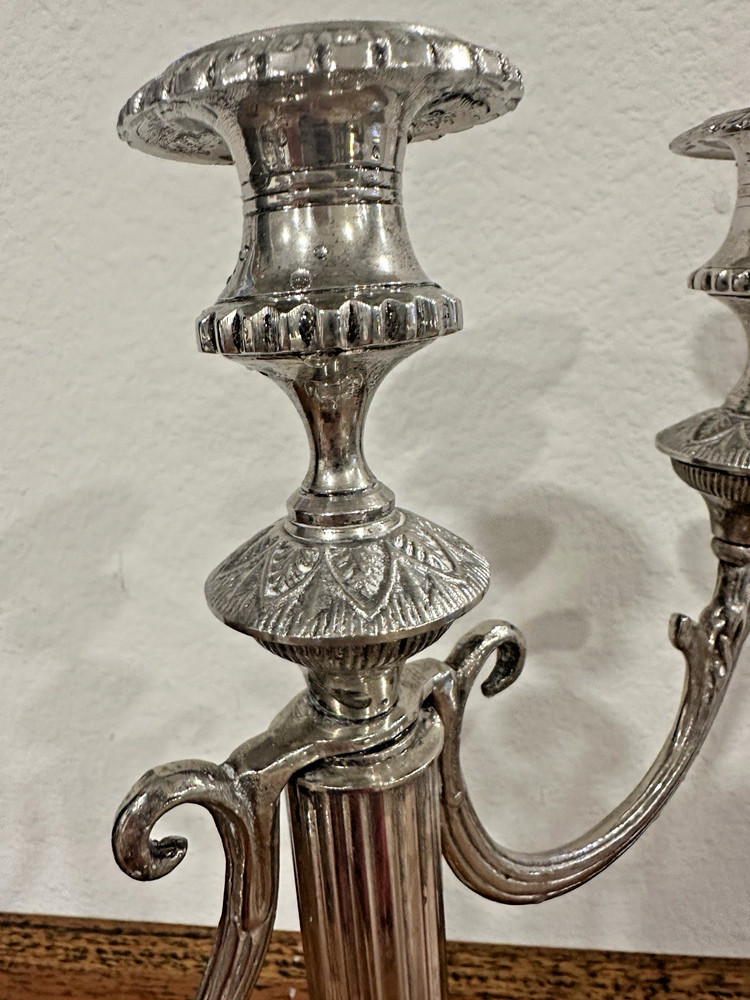Empire Style Silver Plate 3-Light Candelabra Fluted Column, Square Base 11" tall