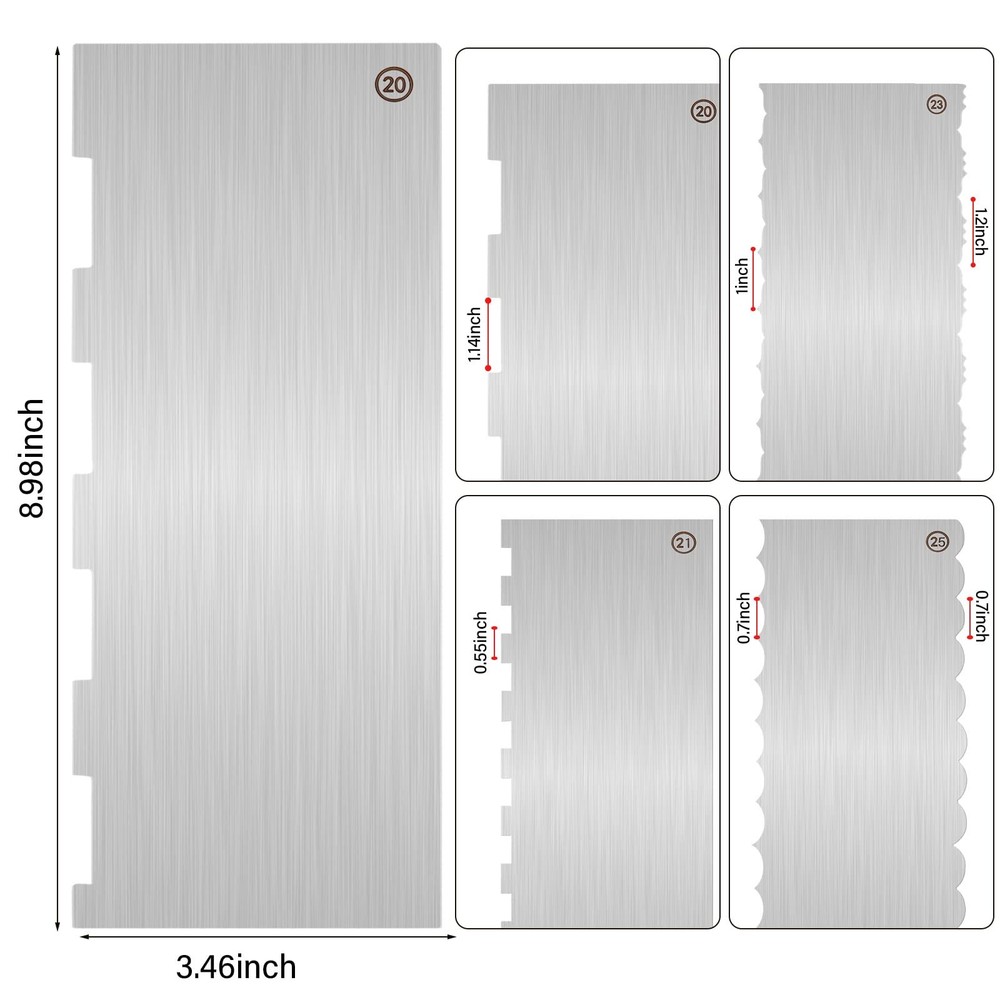 4 PCS 9 Inch Stainless Steel Cake Scraper, Double Sided Patterned Edge Tool