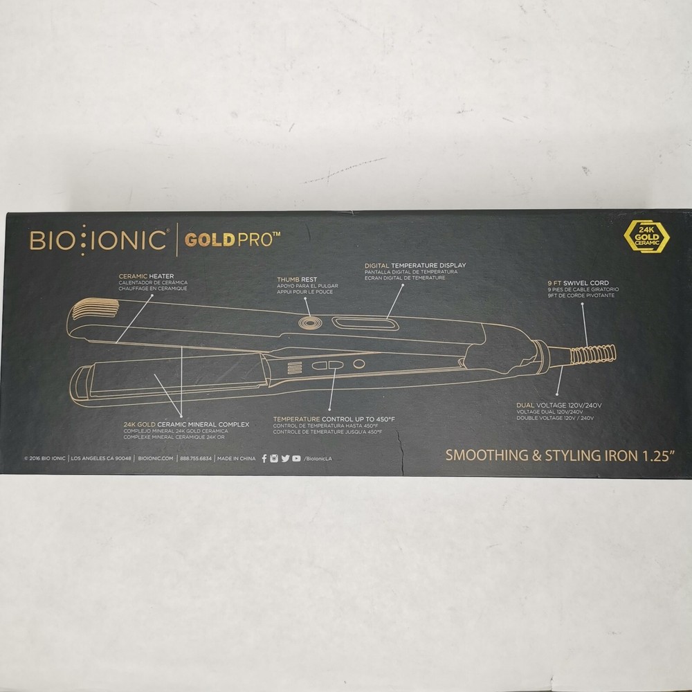 Bio Ionic GoldPro 24K Ceramic Smoothing & Styling Flat Iron 1.25" New