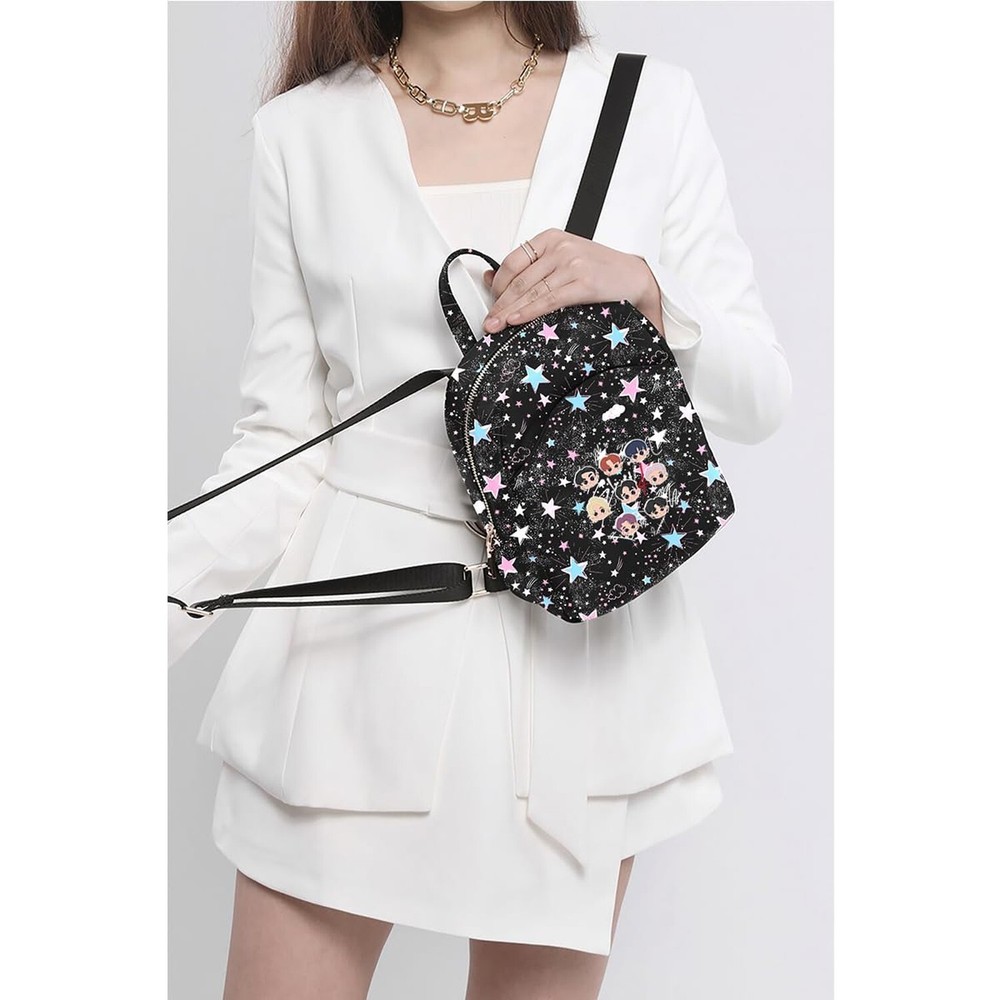 Glittery Stars and Clouds Printed Backpack with Adjustable Straps, Black, Pin...