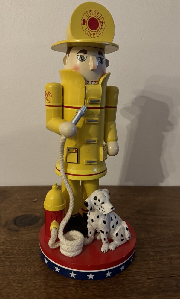 Nutcracker Village Fireman with Dalmation- 12" tall - Vintage 2002