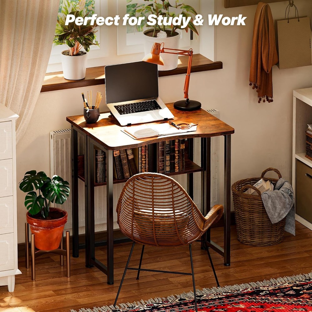 Folding Desk W/ Storage Shelf 23.6 Inch Foldable Computer Table Small Spaces