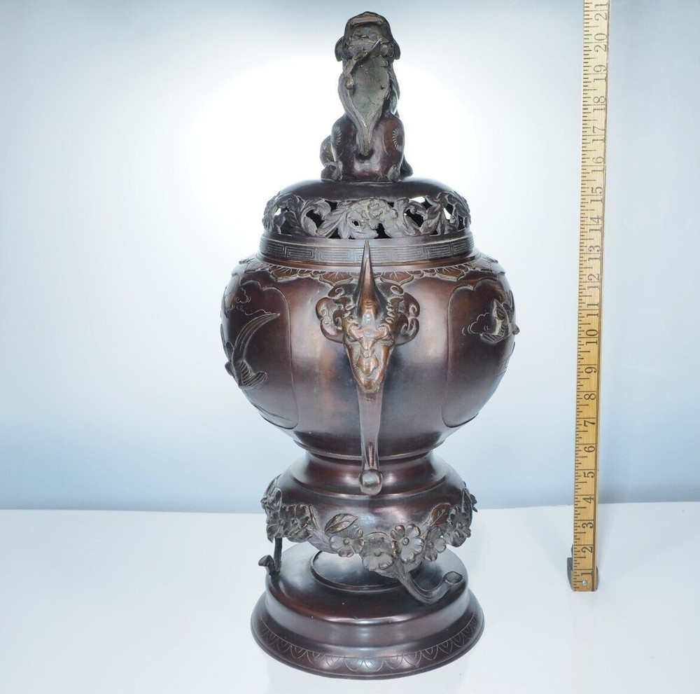 Large Antique Bronze Chinese incense burner censor, 21" tall signed