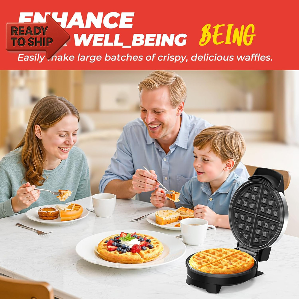 Waffle Maker, 7“ round Classic Belgian Waffle Iron, Adjustable Browning Control