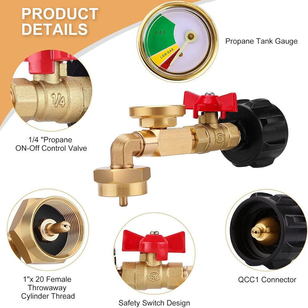 Safe Propane Refill Adapter, 90-Deg Design, QCC1 Connection, Solid Brass