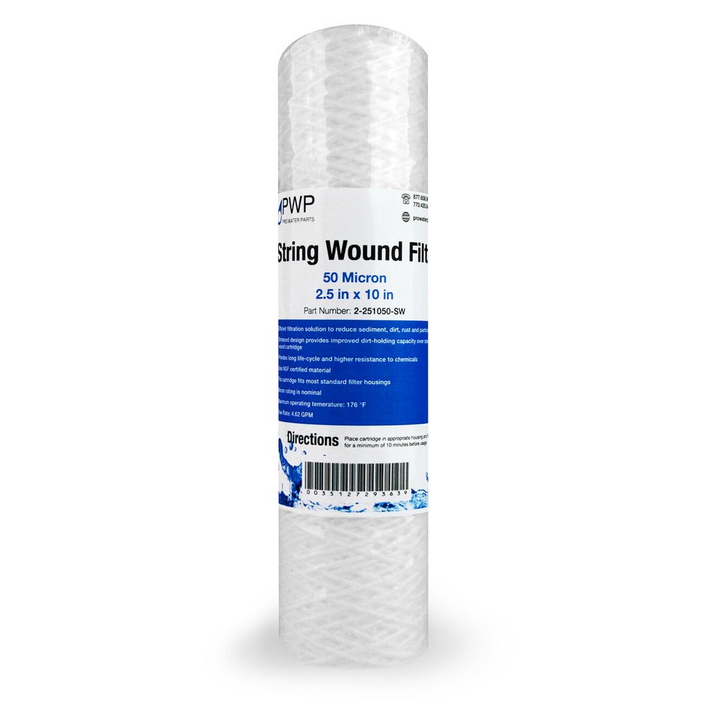 String Wound Sediment Water Filter Cartridge Standard 2.5x10" 50 Micron 12 Pack