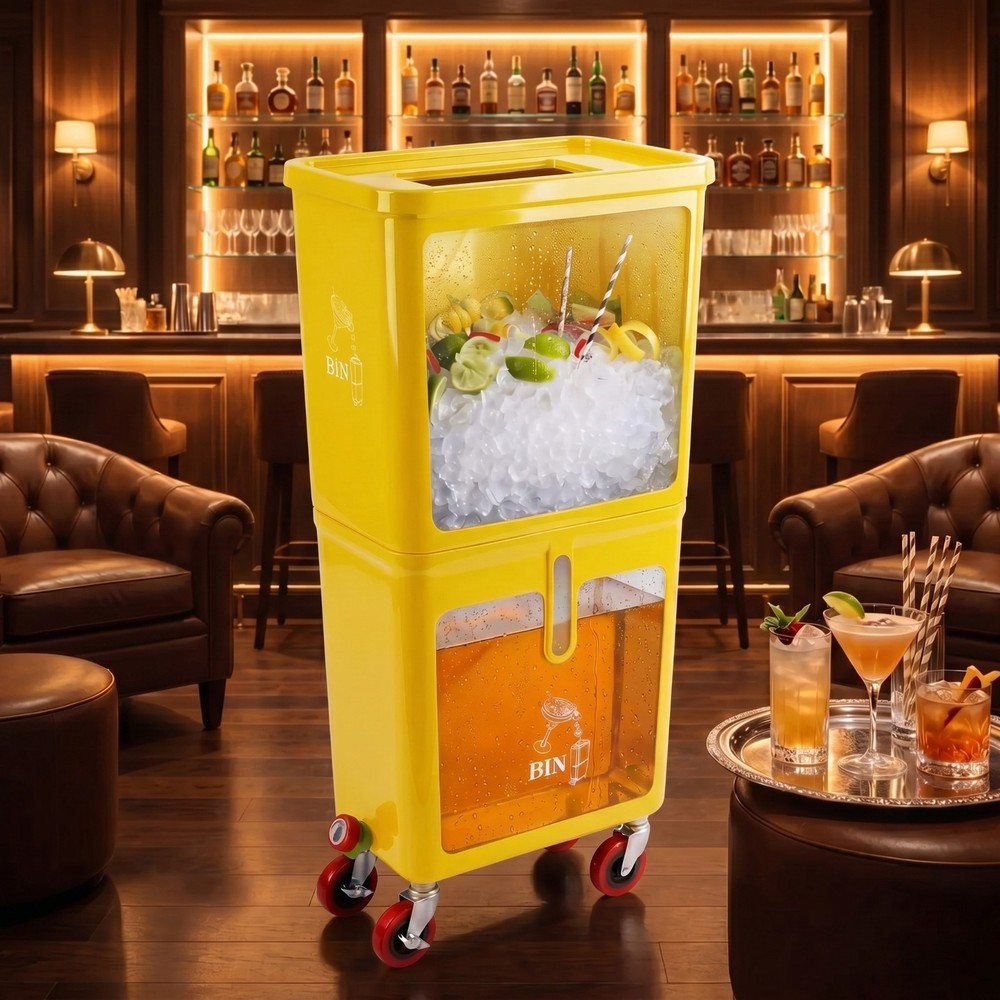 Yellow Drink Dump Bin w/ Wheels – Dual Compartment Liquid & Trash Disposal