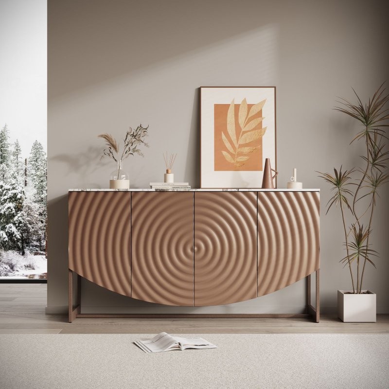 3D Wave Texture Buffet Cabinet Modern Kitchen Sideboards with Storage 4-Door US