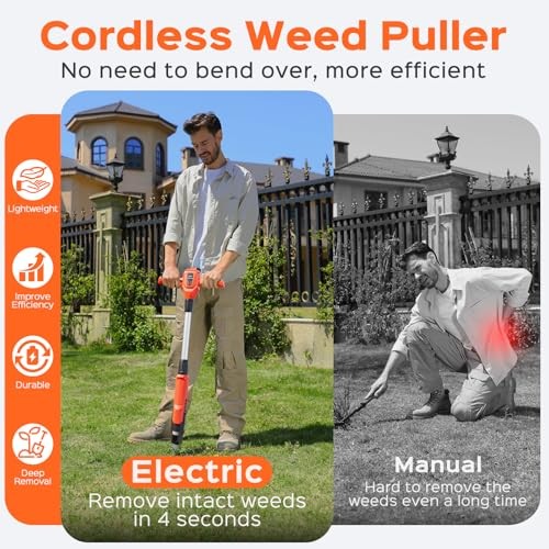 Weed Puller Tool, 21V Powerful Electric Weeder Tool with 2.0Ah Battery Orange