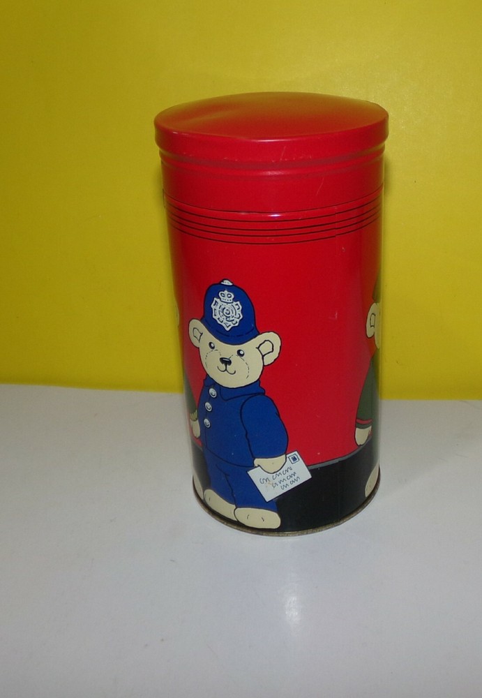Harrords Post Money Box Empty Chocolate Chip Biscuits Tin Teddy Bears 6" Tall
