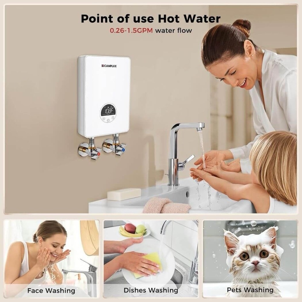 Camplux 4.5Kw Electric Tankless Water Heater Instant Hot Water, Led Display TE05
