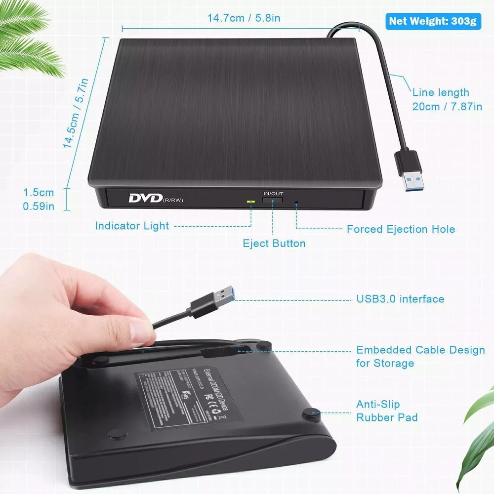 External CD DVD Drive USB 3.0 Player Reader Desktop Windows XP Vista 7 8 10