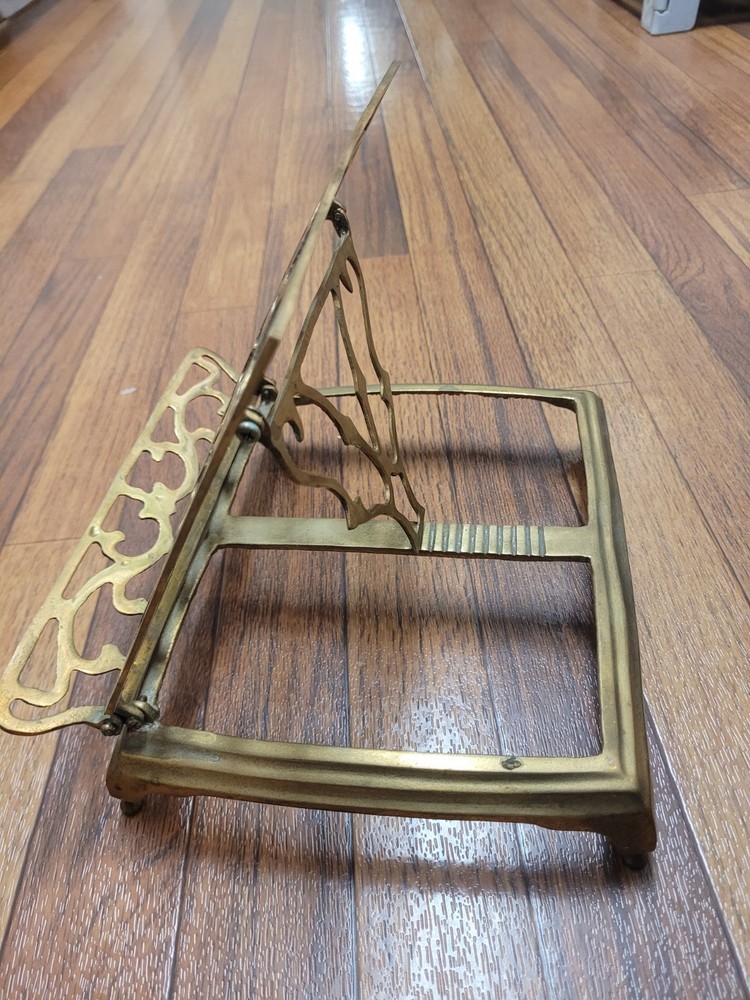 Vintage Ornate Brass Metal Book Stand, Adjustable & Foldable, Rectangular, 9"