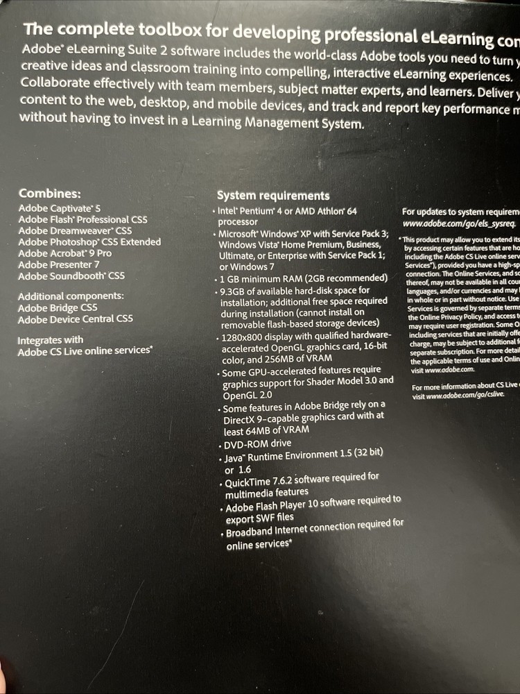 ADOBE 2010 Elearning SUITE 2 Education Edition FOR WINDOWS Excellent Condition