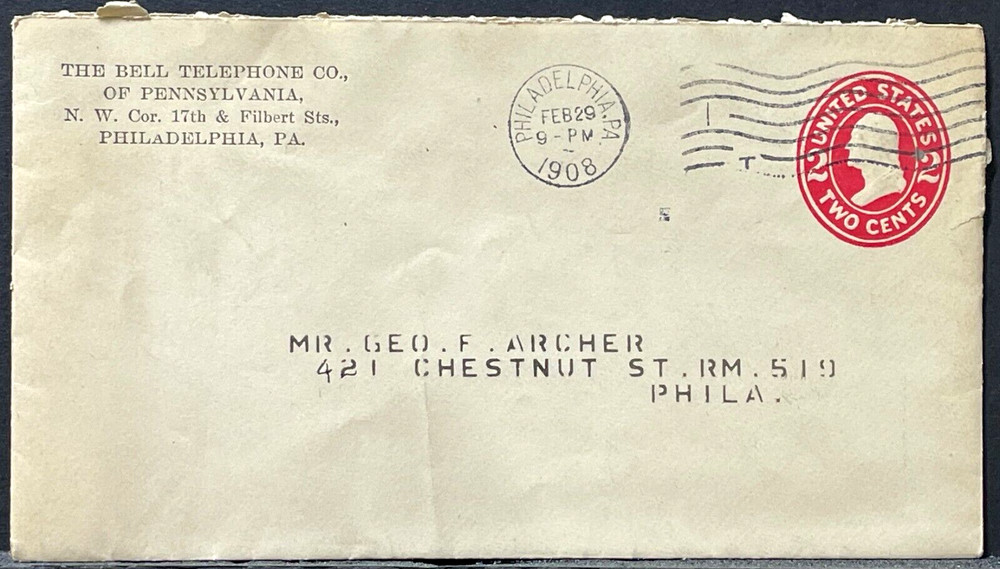 1908 Philadelphia Bell Telephone Envelope w Bills & Return Envelope