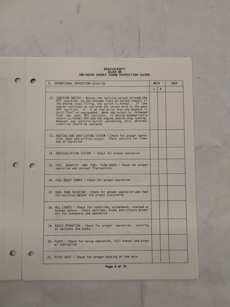 Beechcraft Model Duke 60 100-Hour Short Form Inspection Guide (3-Sets)-Original