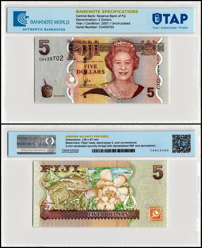 Fiji 5 Dollars, 2007 ND, P-110a, UNC, TAP Authenticated