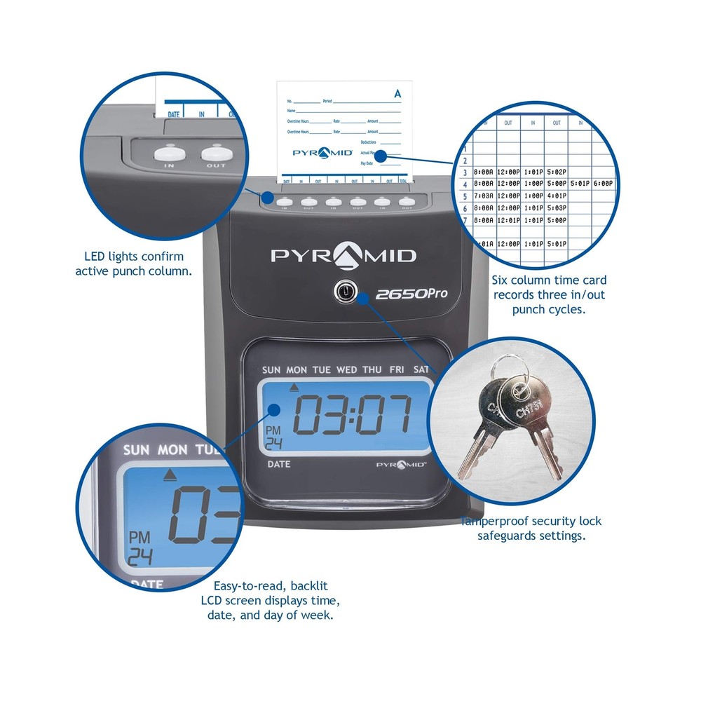 Pyramid Technologies 2650 Pro Auto Aligning Time Clock, LCD Display, Charcoal