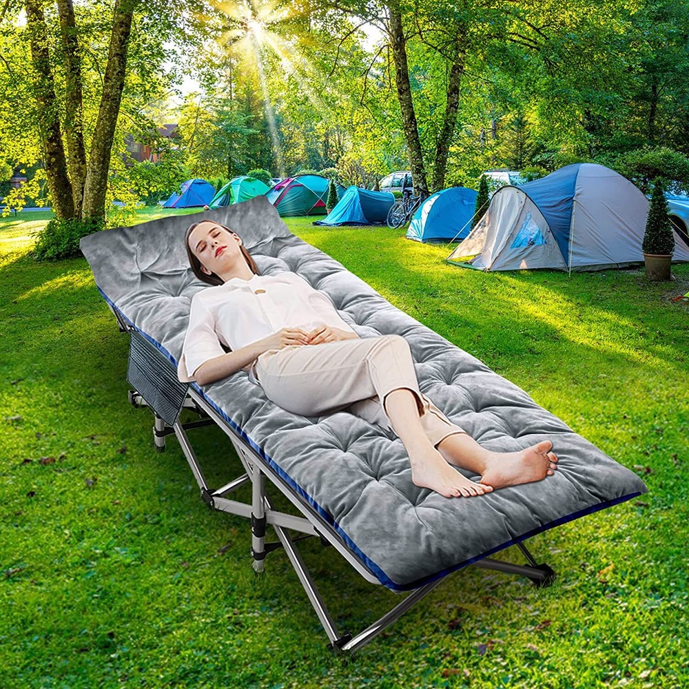 Folding Camping Cot Double Layer Heavy Duty Sleeping Bed with Blue Mattress New