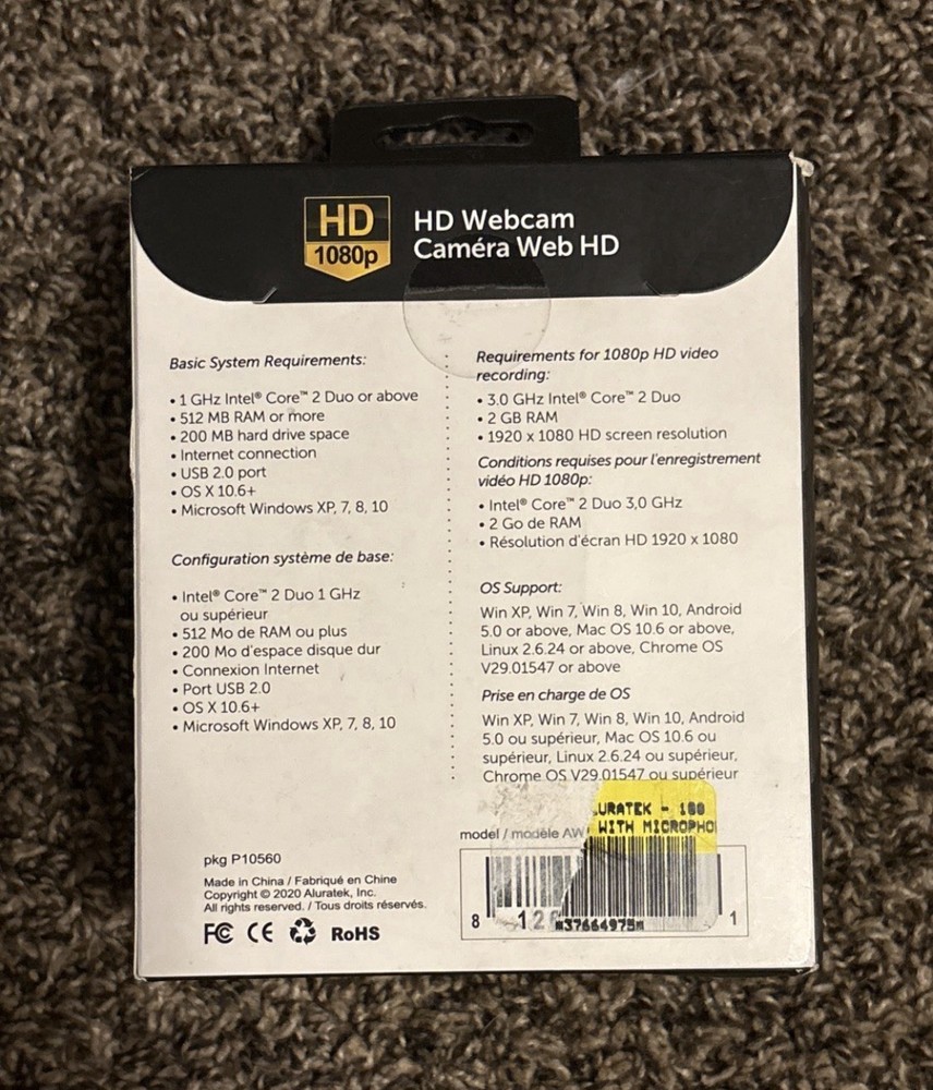 Aluratek HD 1080P USB Webcam w/Built-In Mic