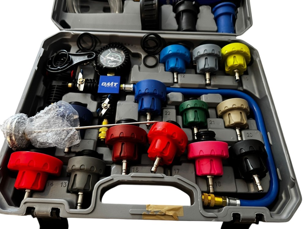 OMT 31pc Radiator Pressure Testing & Refilling Kit 23 Adapters Vacuum Pump Gray
